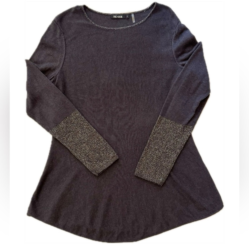 NIC+ZOE Charcoal Gray Long Sleeve Tunic with Metallic Shimmer Cuffs